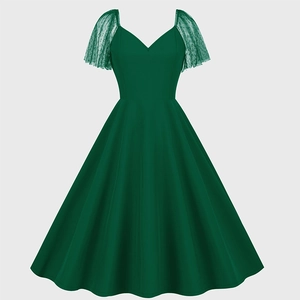 Vintage V Neck Mesh Polka Dot Sleeve A-Line Midi Dress Hepburn Style Retro Party Swing Dress For Women Polyester Gown