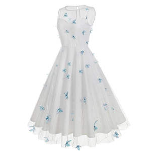 Detail of 3D blue butterfly appliques on white mesh lace sleeveless dress fabric