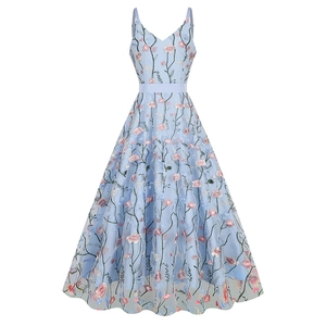 Vintage V Neck Spaghetti Strap Embroidery Mesh Maxi Dress Elegant A Line Party Evening Gown For Women Floral Mesh Dress