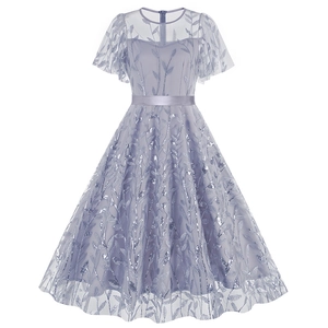 Vintage Women Mesh Sequin Leaf Embroidery Party Dress Elegant Round Neck Midi A-Line Evening Gown With Satin Waist Belt