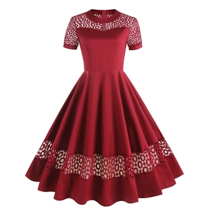 Women Vintage Round Neck Short Sleeve Lace Patchwork A Line Swing Cocktail Dress Retro 1950s Hepburn Style Party Midi Dress