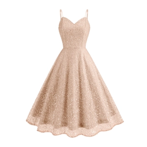 Funkelndes champagnerfarbenes Pailletten-A-Linien-Partykleid mit Spaghettiträgern und Herzausschnitt