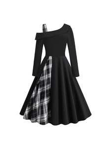 Women's Vintage Asymmetrical Off-Shoulder Plaid Splicing A-Line Long Sleeve Midi Dress French Elegant Evening Party Robe