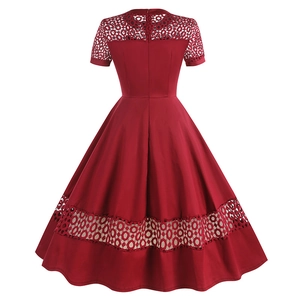 Detailed back view of vintage wine red dress featuring hollow lace trim and hidden zipper
