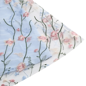 Close-up of floral embroidery on V-neck dress with white mesh and light blue fabric