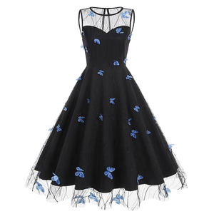 Vintage Round Neck Sleeveless Butterfly Embroidered Dress Elegant 3D Applique A-Line Mesh Midi Party Dress For Women Retro Style