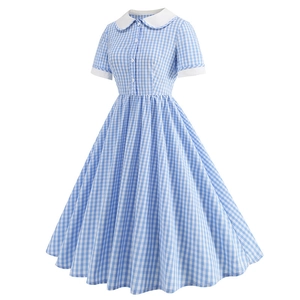 Robe vichy rétro bleue et blanche avec col Claudine et taille boutonnée cintrée