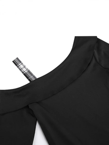 Elegant black off-shoulder dress with a stylish grey plaid shoulder strap detail