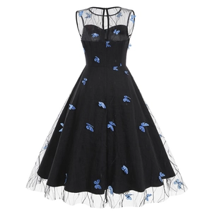 Elegant sleeveless black A-line dress with 3D blue butterfly embroidery on mesh