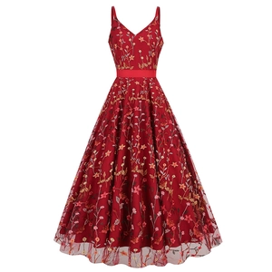 Vintage dark red V-neck ball gown dress with colorful floral embroidery and satin belt