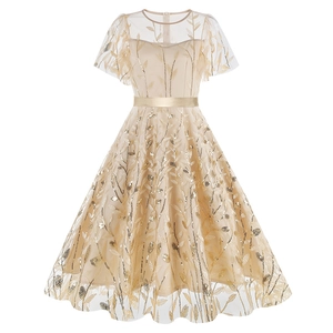 Champagne mesh dress with gold leaf sequins, round neck and satin belt in main view