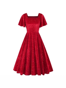 Robe Vintage en Velours Doré pour Femme avec Paillettes Bronzantes Col Carré Manche Volantée Midi Ligne A Noël Fête Robe