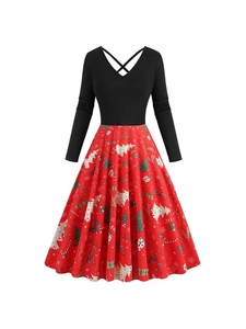 Women's Vintage Christmas Patchwork Midi Dress Long Sleeve V-Neck Criss Cross A-Line Festive Party Dresses For Women