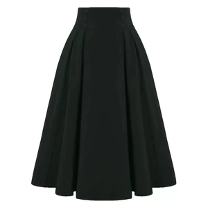 Women Retro High Waist A-Line Midi Skirt Elegant Button Pleated Flared Skirt Plain Color Casual Skirt For Lady