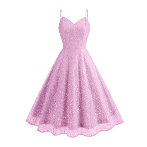 Damen Vintage Pailletten Midi Kleid V-Ausschnitt Ärmellos A-Linie Schnürung Rückenfrei Bankett Party Abendmode Polyester