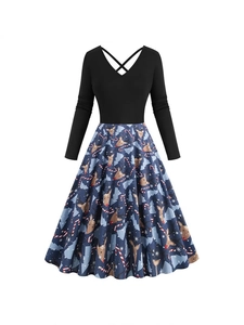 Vintage Christmas V-neck dress with black bodice and reindeer print A-line skirt