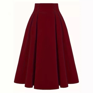 Vintage high waist wine red midi A-line skirt with decorative buttons and pleats