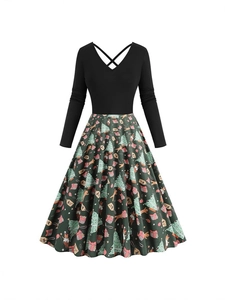 Vintage Christmas dress with V-neck, long sleeves and holiday festive prints