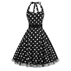 Women Vintage 1950s Polka Dot Halter Dress Summer Sleeveless A-Line Hepburn Style Party Dress With Satin Belt Mesh Hem