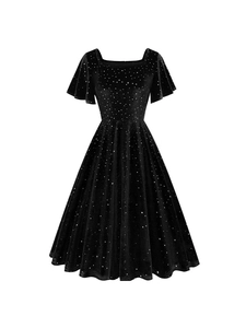 Robe vintage élégante en velours noir avec col carré et motif à pois argentés