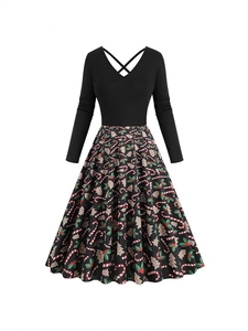 Vintage V-neck long sleeve Christmas dress with high waist festive candy cane print
