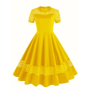 Yellow vintage 50s A-line cocktail dress with floral lace patchwork and round neck