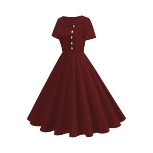 Detail view of the vintage burgundy dress featuring white buttons and a retro collar design