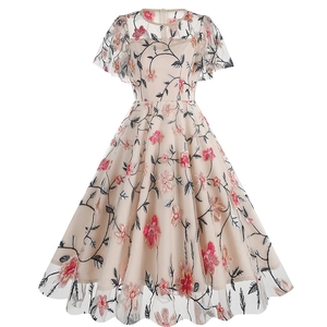 Elegant beige mesh dress with floral embroidery, round neck, and A-line waist