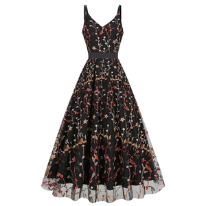 Elegant V-neck black mesh maxi dress with colorful floral embroidery and ribbon waist
