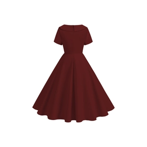 Detailed back view of vintage burgundy A-line dress featuring hidden zipper and retro collar