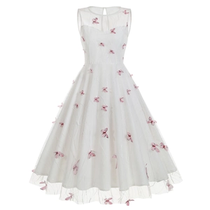 Elegant white lace dress with pink butterfly embroidery and a sleeveless A-line silhouette