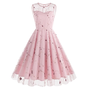 Robe Midi Femme Style Vintage Années 1950 Sans Manches en Mesh avec Broderie Florale Robe Trapèze Élégante pour Fêtes et Mariages