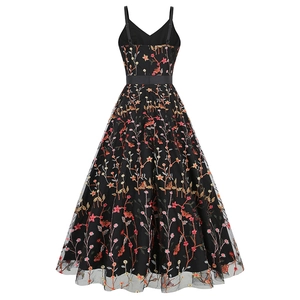 Detailed view of colorful floral and butterfly embroidery on a black tulle dress