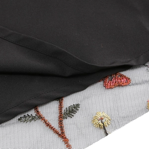 Detail of colorful butterfly embroidery and floral patterns on black fabric with white mesh