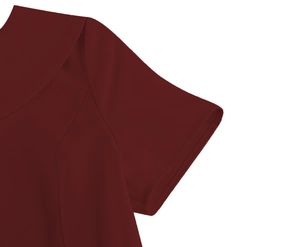 Detailed view of the crew neck and shoulder stitching on a burgundy short sleeve dress