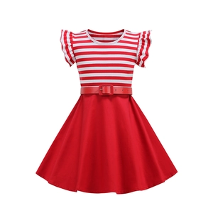 Girls Vintage Striped Patchwork Dress With Waist Belt Flutter Sleeve Round Neck Summer Casual A-Line Skirt Party Apparel