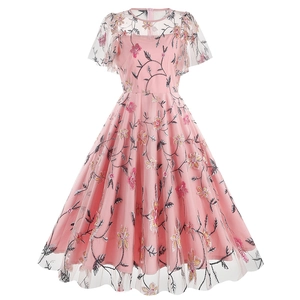 Pink mesh embroidered floral dress with A-line silhouette and vintage retro design