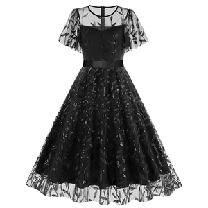 Elegant black mesh midi dress with leaf embroidery, butterfly sleeves, and satin waist belt