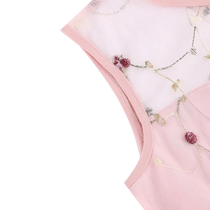 Gros plan sur tissu en maille rose avec broderie florale détaillée et couture de qualité