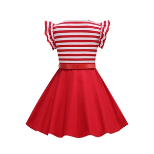 Detail of red and white striped bodice with ruffle sleeves and shiny waist belt