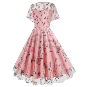 Detailed embroidery of pink mesh evening dress featuring elegant floral and vine patterns