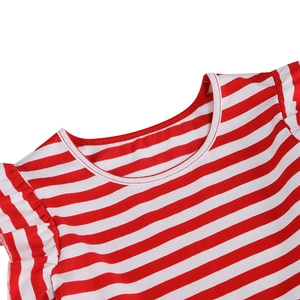 Detail of red and white striped dress neck with white binding and flutter sleeves