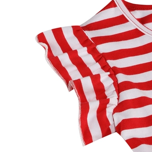 Girl's vintage red striped dress with ruffle sleeve details and round neck stitching