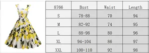 Size chart showing bust, waist, and length measurements for the vintage floral Hepburn dress