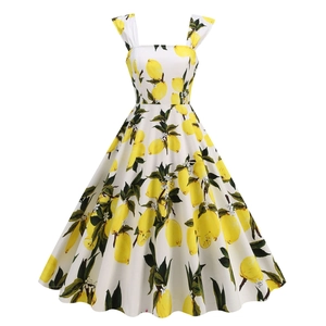 Retro square neck white A-line dress featuring yellow lemon and green leaf prints