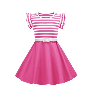 Girls vintage pink striped patchwork dress with ruffled sleeves and thin belt decoration