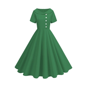 Detail of vintage green A-line dress with asymmetrical collar and decorative buttons