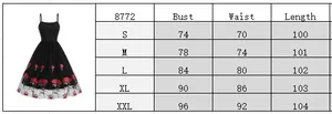 Size chart table for vintage mesh cocktail dress with rose embroidery detail