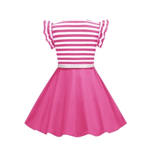 Detail showing pink striped bodice with flutter sleeves and waist belt on girls dress