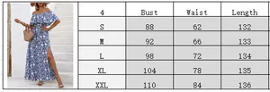 Size chart for women off-shoulder floral maxi dress showing bust, waist, and length measurements